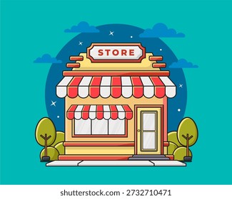 Frente de tienda de diseño plano con lugar para nombre