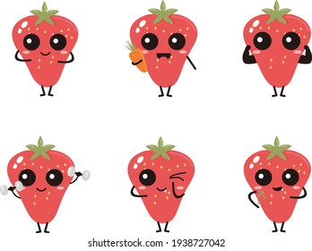 flat design with strawberry fruit theme with strawberry mascot shape with various forms of expression.