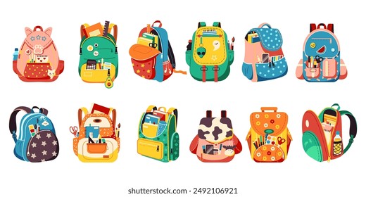 Flat design student backpacks collection on white background. Line vector elements depicting student backpacks equipped with various stationery supplies