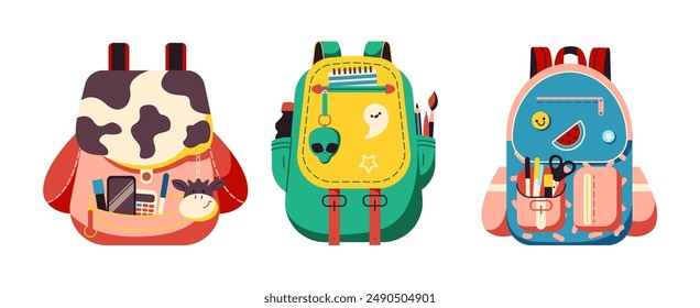 Flat design student backpacks set on white background. Line vector elements depicting young student backpacks equipped with various stationery supplies
