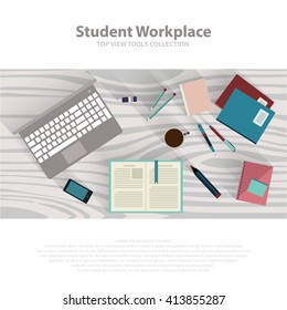 Flat design student workspace on wooden table. Basic education training and studying collection. Top view vector work template tutoring.