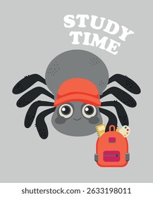 Flat Design Study Time Spider Wearing a Hat and Holding School Bag