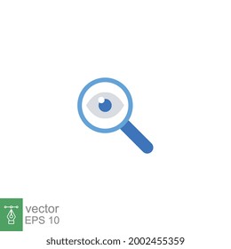 Icono de análisis de estilo de diseño plano, lupa, ojo. búsqueda de amplificador con el logotipo ocular para investigación. Aspecto de apariencia, aspecto, ver diseño de ilustración de vector de visión creativa sobre fondo blanco EPS10