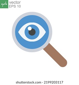 Flat Design Style Analysis icon, magnify glass, eye. magnifier search with eye logo for investigate. Appearance aspect, look, view creative vision vector illustration design on white background EPS10