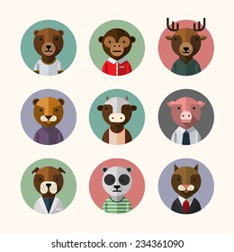 Flat design style animal avatar icon set. Vector illustration. Pig, monkey, cat, dog, panda, bull, deer, bear, puma