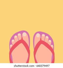 flat design style beach background on vacation. greeting card Vector with a space for text. white woman or female modern isolated cartoon feet & flip-flops holiday illustration.