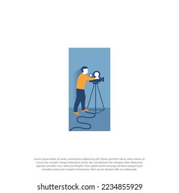 Flachdesign-Stil blau-gelb oder orange Aufnahme Video für die Übertragung mit Kamera und Stativ minimale Vektorgrafik.