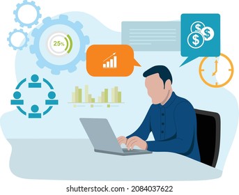 Flat design style with business concept. A businessman is working with his computer on table. There are concepts of business workflow, time management, planning, task, teamwork, meeting.