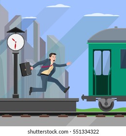 Flat design style business illustration, man hurry to the departing train