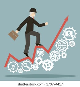 flat design style businessman goes to success on infographic and gears icons vector