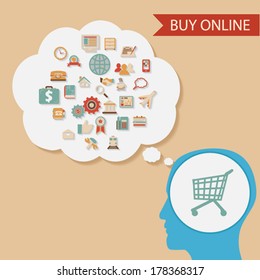 flat design style businessman holding mobile device buy online ecommerce retro colors icons concept illustration vector