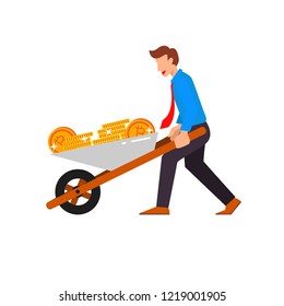 Flat design style Businessman mining bitcoins and pushing Trolley full of golden bitcoin