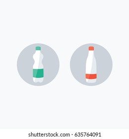 flat design style cartoon white background with closed water bottles simple isolated modern. Soda mineral vector with blank red & green label in glass or plastic bottle in circle button for app & web