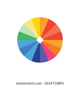 A flat design style color wheel. Vibrant colors are arranged radially. Set on a White Background for contrast and impact.