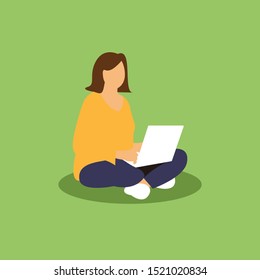 Flat design style colorful, girl sitting working with a laptop, flat design person vector illustration