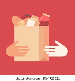 Flat design style colorful vector illustration of passing grocery bag from courier to customer, concept for food delivery isolated on stylish background