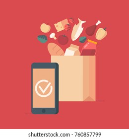 Flat design style colorful vector illustration concept for grocery delivery, online ordering of food isolated on stylish background