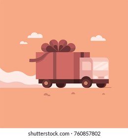 Flat design style colorful vector illustration of lorry delivering gift box isolated on bright background