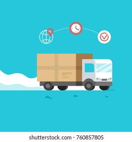 Flat design style colorful vector illustration of lorry delivering parcel isolated on bright background