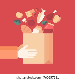 Flat design style colorful vector illustration of hands holding grocery bag, concept for food delivery isolated on stylish background