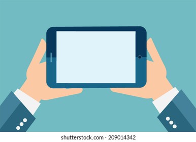 Flat design style concept of businessman hands holding tablet.