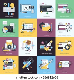 Flat design style concept icons on the topic of graphic design, logo design, website development, responsive design, app development, SEO, digital marketing, project management, market research.