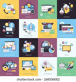 Flat design style concept icons on the topic of web design and development, mobile apps, email marketing, cloud services, SEO, internet banking, network protection, brainstorming, customer services.