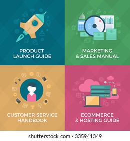Flat design style concepts of launching new product, marketing, sales, e-commerce & website hosting, customer services. Modern illustrations for web banners, ebook covers, printed materials