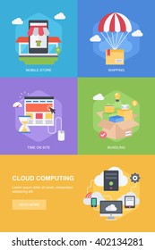 Flat design style concepts for mobile store, shipping, bundling, time on site and cloud computing. Concepts for website banners and printed materials.