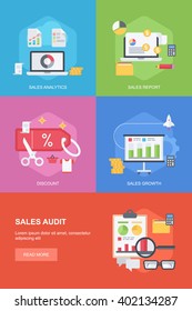 Flat design style concepts for sales analytics, sales report, discount, sales growth, sales audit. Concepts for website banners and printed materials.