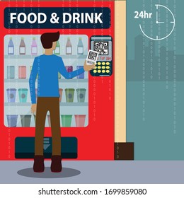 Flat design style concept,Young man using smartphone scan code for pay on automatic machine vending,vector illustration

