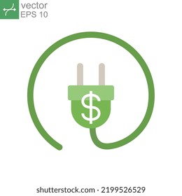 Flat Design Style Energiekosten sparen Geld Symbol. Energieeinsparung Kosten Dollar Energieeffizienz. Adapterkabel-Ladegerät und Dollar für grüne Wirtschaft. Vektorgrafik-Design auf weißem Hintergrund EPS10