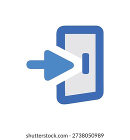 Flat design style exit icon with a bold blue arrow and doorway. Isolated on solid black.