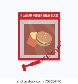  flat design style funny vector red sign with a text - in case of hunger break glass with simple modern clean system alarm. fast food or junk food in the glass isolated cartoon vector & little hammer