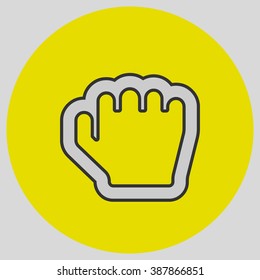 Flat design style. Grab hand. Hand gesture. Style is flat symbol. Silver color. Yellow circle  background.