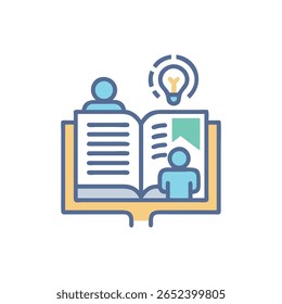 A flat design style graphic art icon of an open book with people inside and a lightbulb idea symbol.