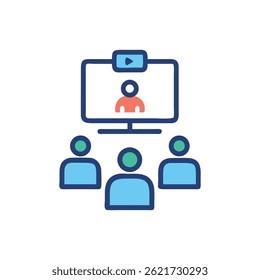 Video Gráfico de estilo de diseño plano que representa una reunión en línea con tres participantes viendo una conferencia en una pantalla.