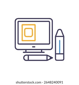 Flat design style graphic featuring a computer monitor with design tools. The composition is modern and minimalist.