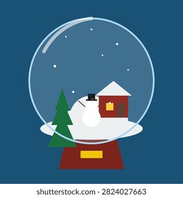 Flat design style graphic showing a winter scene inside a crystal ball. A red cabin sits near a snowman wearing a top hat beside an evergreen tree. Gentle white snowflakes fall within the sphere. The entire composition is set against a solid dark blue background with a clean white frame.