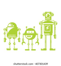 Flat design style green robots and cyborgs. vector green robot icon collection