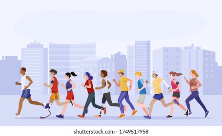 Flat design style. Group of healthy young people and disabled people jogging together. Vector