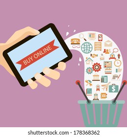 flat design style hand holding mobile device buy online ecommerce retro colors icons concept illustration vector