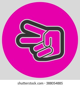 Flat design style. Hand scissors. Hand gesture. Style is flat symbol. Black color.  Magenta circle  background.