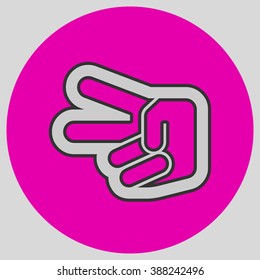 Flat design style. Hand scissors. Hand gesture. Style is flat symbol. Silver color.  Magenta circle  background.