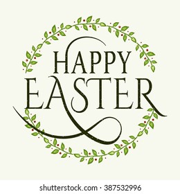 Flat design style Happy Easter greeting card, felicitation banner, poster template. Typography text sign and hand drawn floral element. Isolated on light background