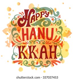 Flat design style Happy Hanukkah logotype, badge and icon typography. Lettering of jewish holiday logo template. Card template. Calligraphy banner, flyer on textured background