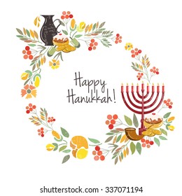 Flat design style Happy Hanukkah logotype, badge and icon typography. Lettering of jewish holiday logo template. Card template. Calligraphy banner, flyer on textured background