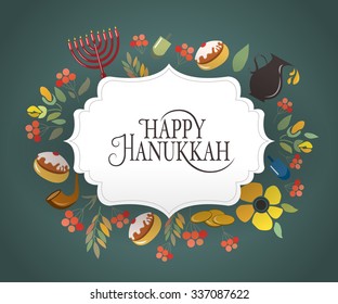 Diseño plano Feliz logotipo Hanukkah, placa y tipografía de icono. Plantilla del logo de la carta de celebración jewish. Plantilla de carta. Banner caligráfico, volante sobre fondo texturizado