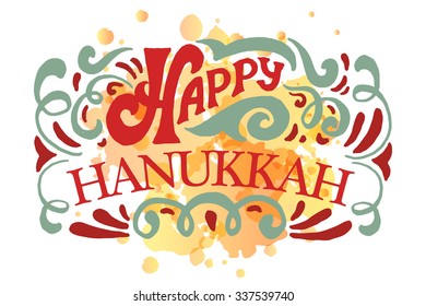 Flat design style Happy Hanukkah logotype, badge and icon typography. Lettering of jewish holiday logo template. Lettering card template. Calligraphy banner, flyer on textured background