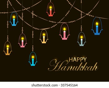 Flat design style Happy Hanukkah logotype, badge and icon typography. Lettering of jewish holiday logo template. Lettering card template. Calligraphy banner, flyer on textured background
